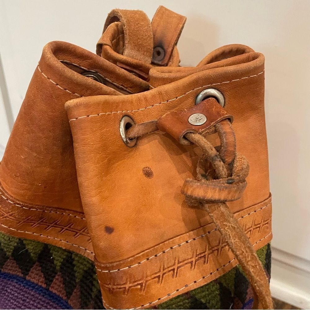 VINTAGE Aztec Tapestry & Tan Leather Drawstring Backpack - Picture 8 of 10